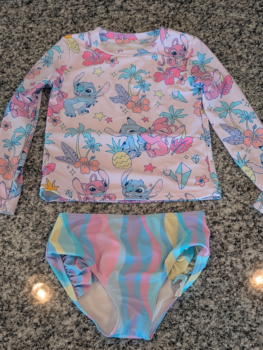 Girls' Pastel Stitch Print Long-Sleeve Rash Guard Swim Set